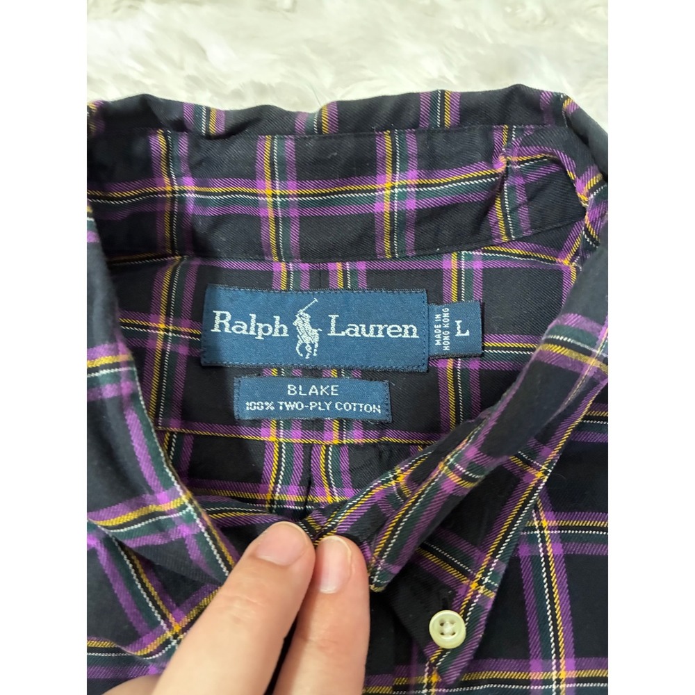 Ralph Lauren Blake Mens Large Plaid Button Down Shirt Navy Purple Two-Ply Cotton